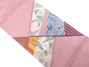 手織り節紬　切りばめ　刺し子　縞に花模様織り出し　袋帯